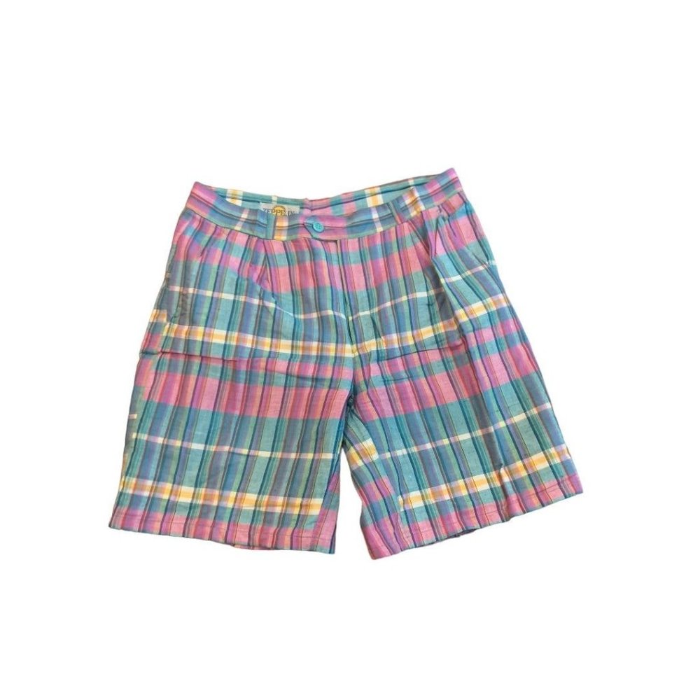 32 Zeppelin Vintage 1980s‎ Pastel Plaid Golf Shorts Teal Purple 7.5" Inseam